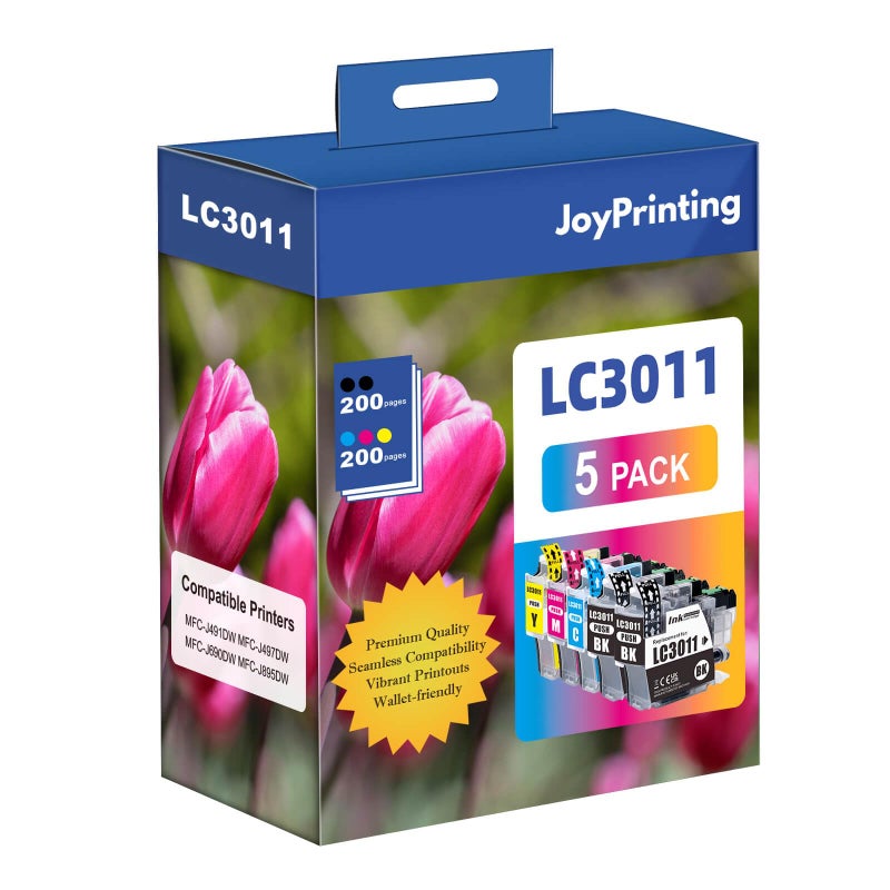 JoyPrinting Compatible Brother LC3011 LC-3011 3011 Ink Cartridges for Brother MFC-J491DW MFC-J497DW MFC-J690DW MFC-J895DW Printer, 5-Pack (2 Black, 1 Cyan, 1 Magenta, 1 Yellow) - Image 1